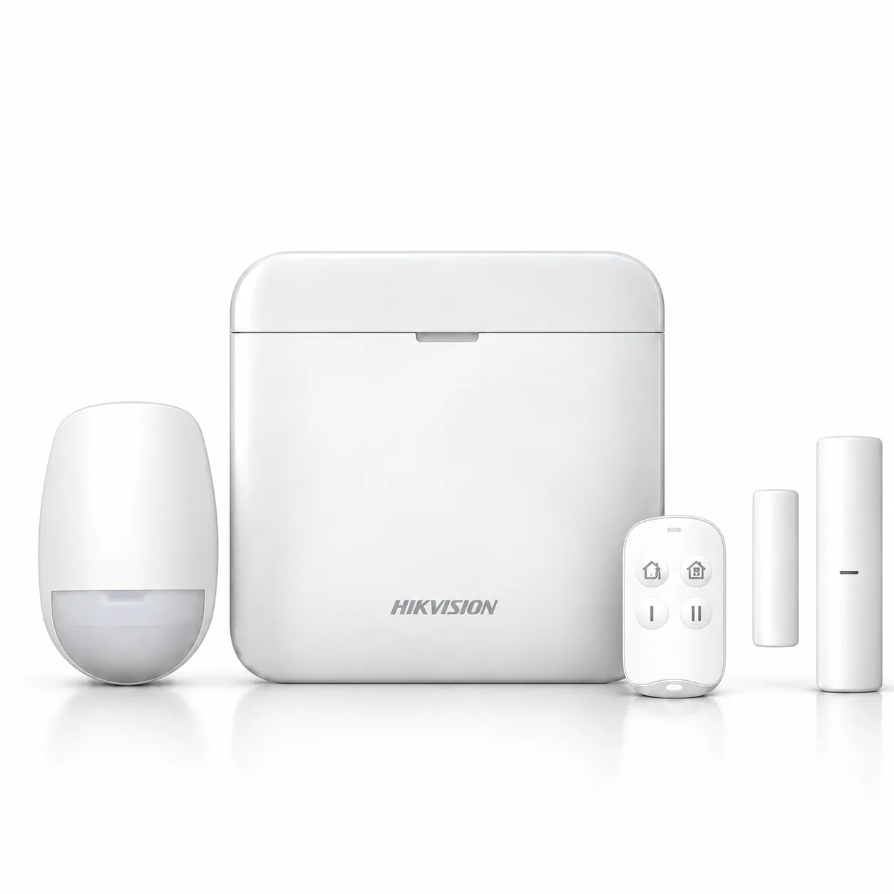 Imagen ilustrativa del kit de alarma Hikvision con panel, sensor de movimiento, contacto magnético y control remoto